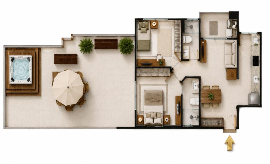 Planta humanizada de apartamento com 2 dormitórios, suíte, sacada com churrasqueira e terraço na Trindade, Florianópolis.