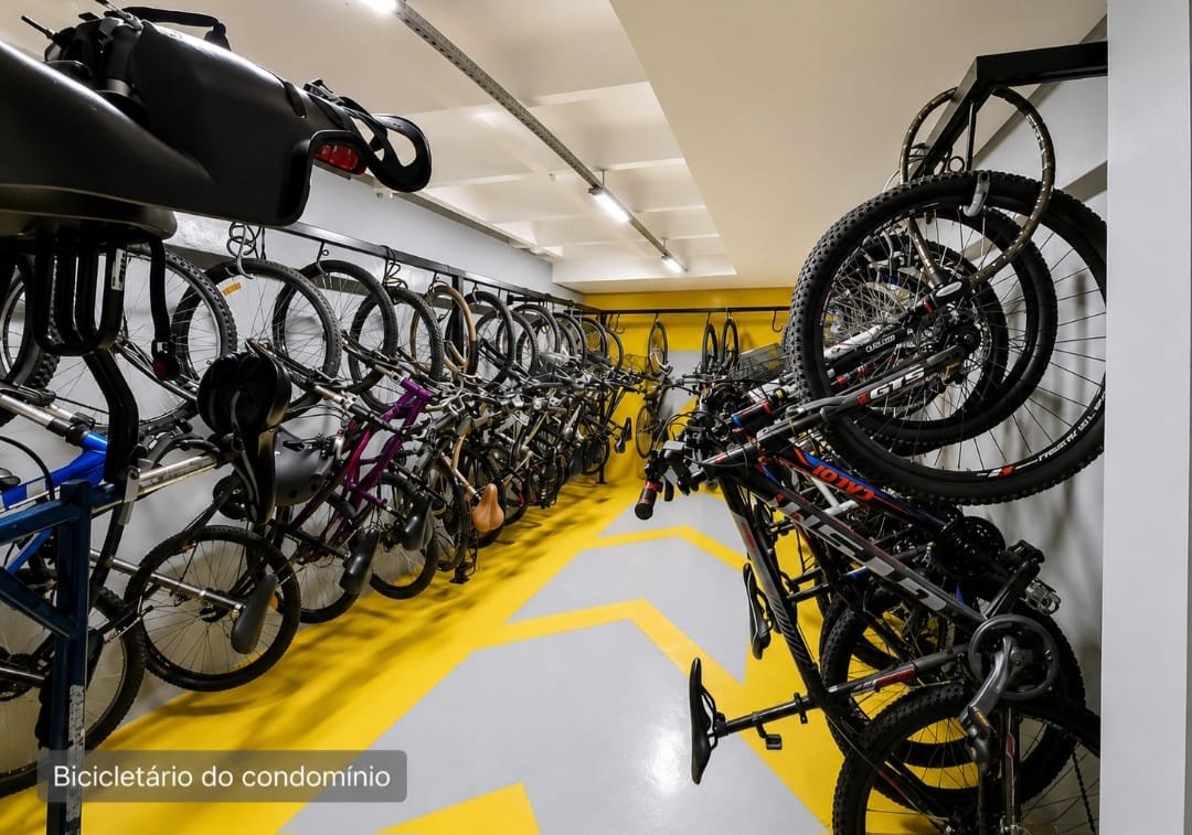 Bicicletário amplo, seguro e organizado na área comum de residencial no bairro Trindade, Florianópolis.