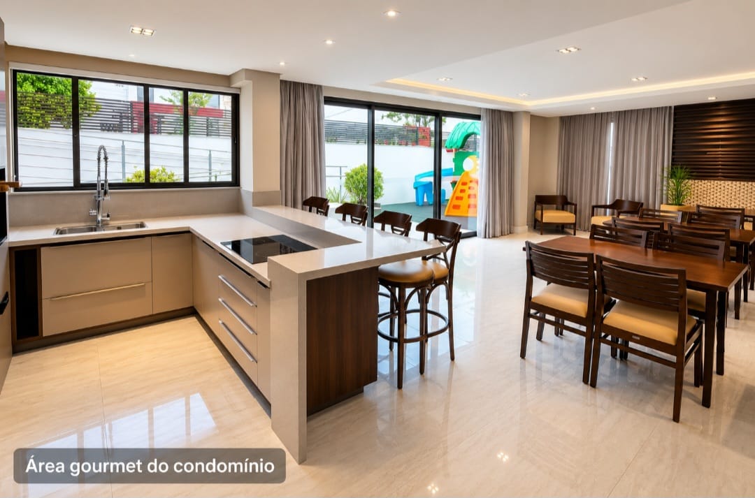 Espaço gourmet integrado com comunicação direta para o playground e acesso externo no condomínio na Trindade.