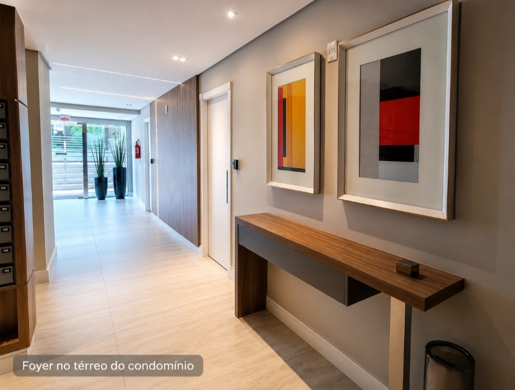 Foyer moderno do prédio com portaria, elevadores, gesso rebaixado e iluminação indireta na Trindade, Florianópolis.