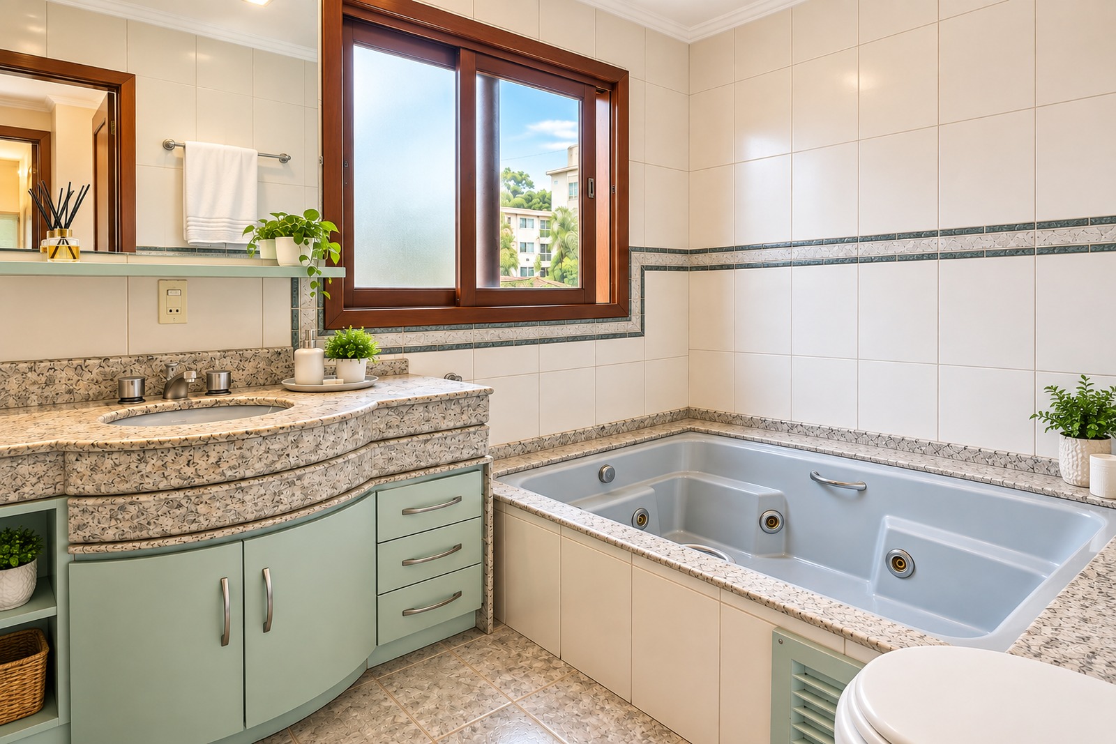 Casa de alto padrão à venda no Parque São Jorge, Itacorubi, Florianópolis — banheiro da suíte com jacuzzi. Ampla janela. Iluminação e ventilação.