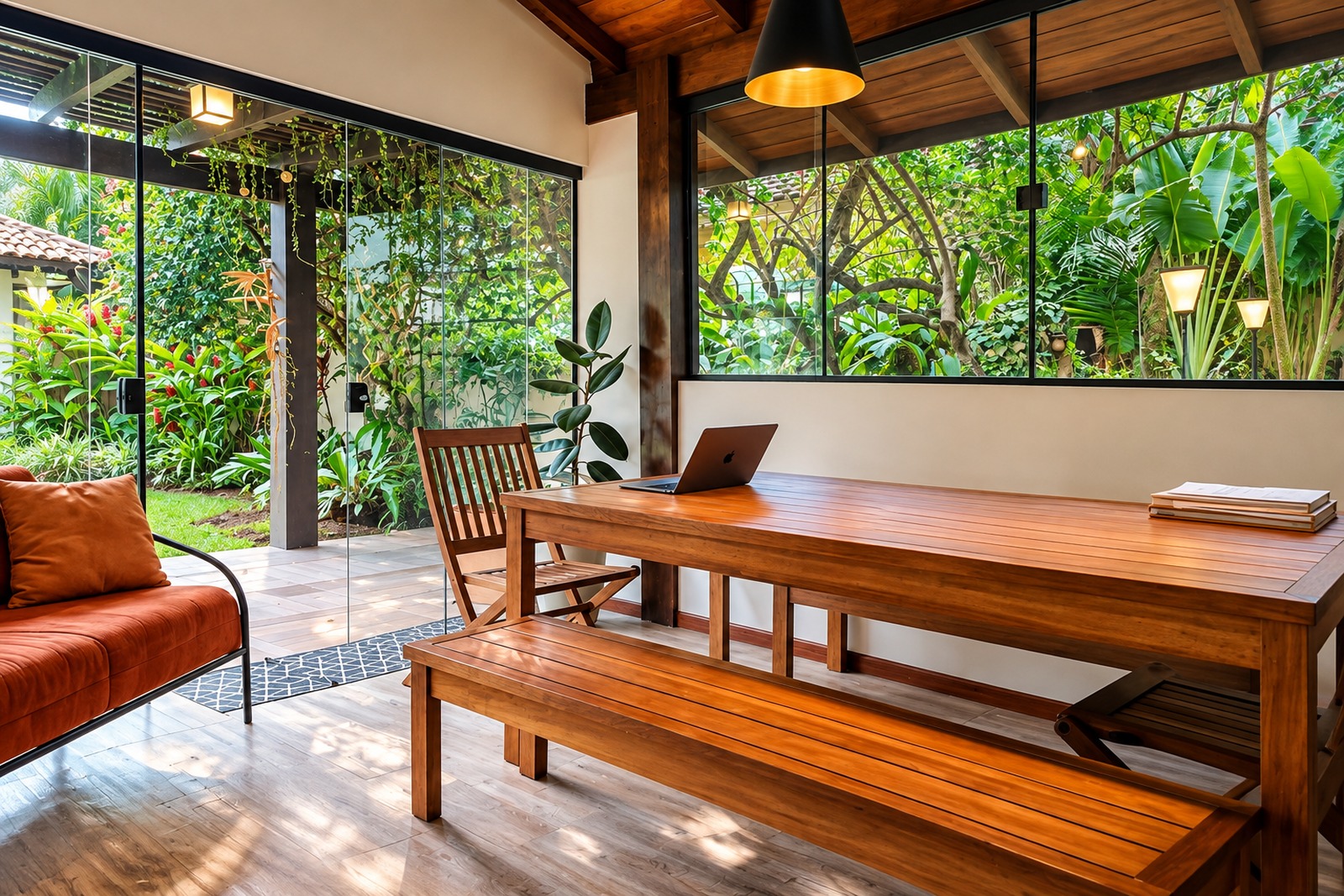 Casa de alto padrão à venda no Parque São Jorge, Itacorubi, Florianópolis — espaço multiuso, copa, integrado ao jardim e área de lazer.