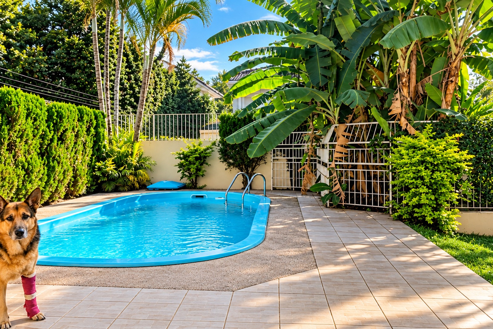 Casa de alto padrão à venda no Parque São Jorge, Itacorubi, Florianópolis — solárium da piscina de fibra. Vegetação.