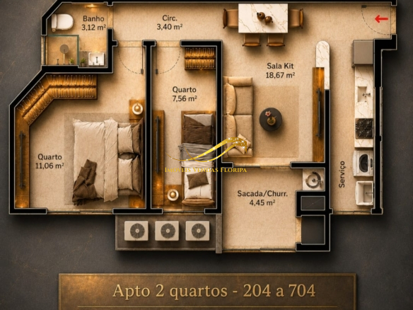 Planta baixa do apartamento andar alto, com 2 dormitórios, 1 banheiro e 1 vaga de garagem na Carvoeira, Florianópolis.