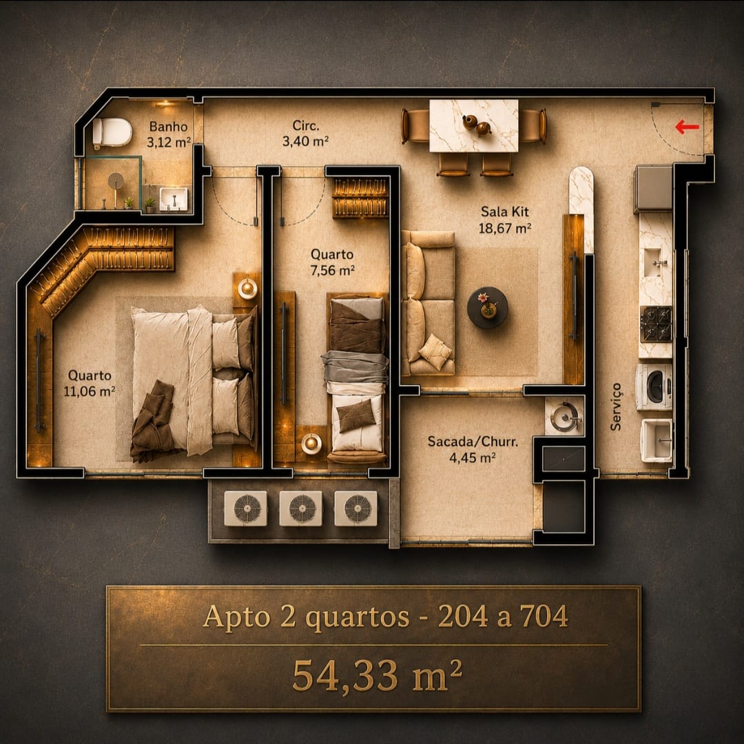 Planta baixa do apartamento andar alto, com 2 dormitórios, 1 banheiro e 1 vaga de garagem na Carvoeira, Florianópolis.