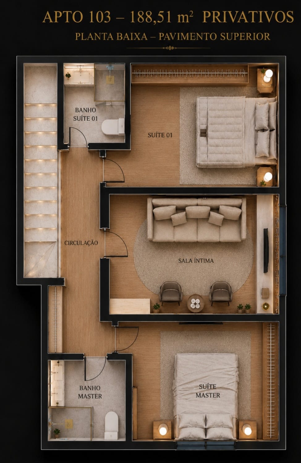Planta baixa do pavimento superior do apartamento garden duplex 103, com três dormitórios, sendo uma suíte e banheiro social.