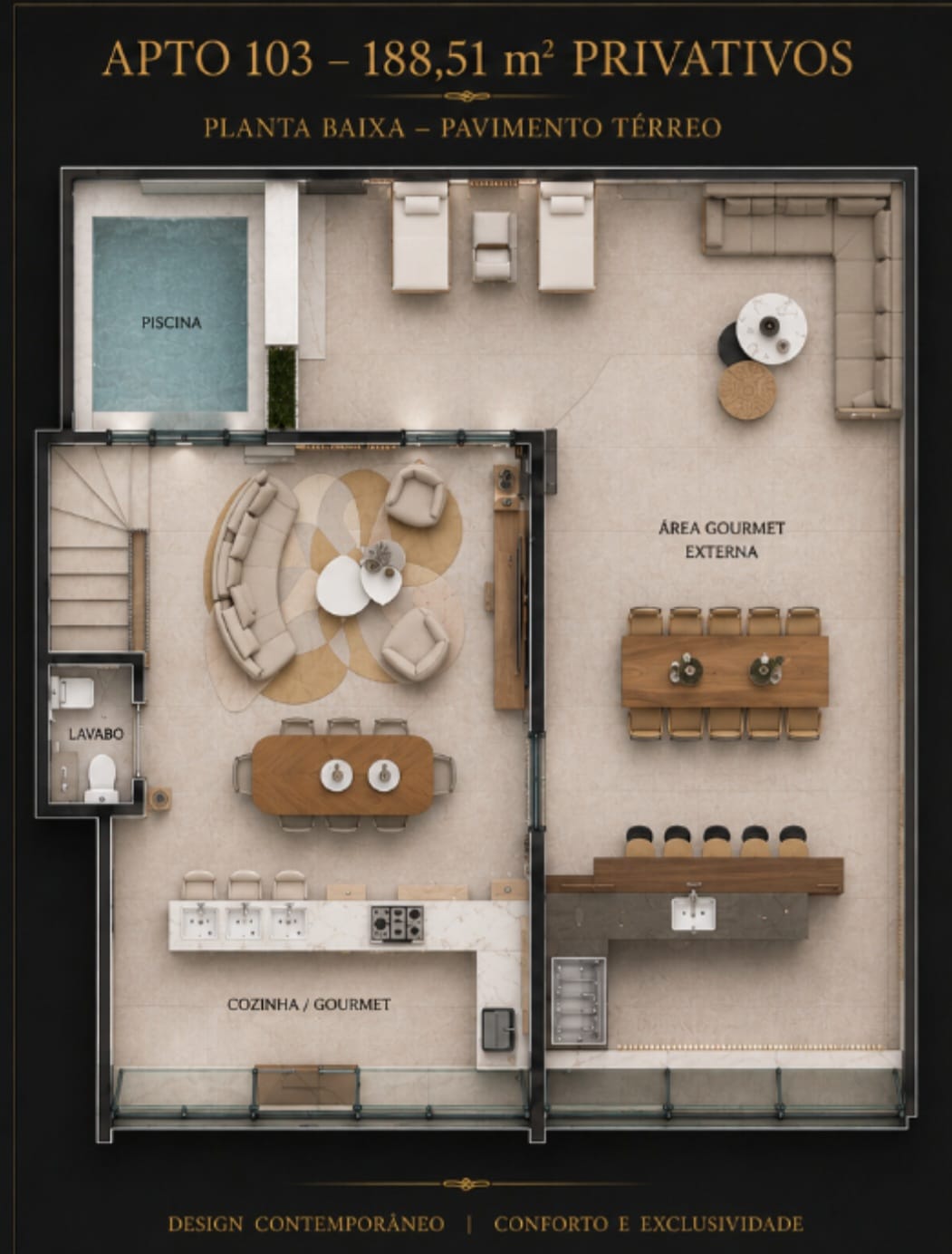 Planta baixa do pavimento térreo do apartamento garden duplex 103 na Cachoeira do Bom Jesus, com piscina e área gourmet.