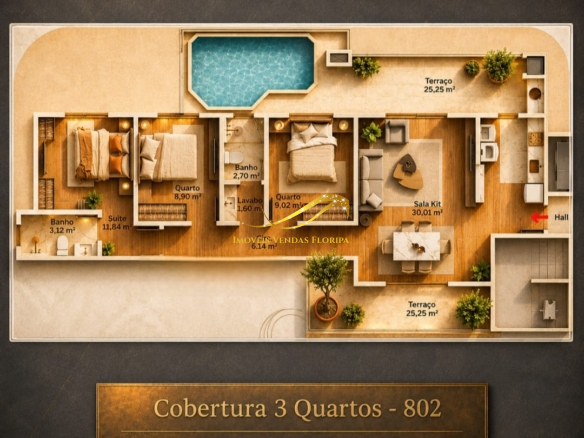 Planta humanizada da cobertura no oitavo andar, com 3 dormitórios, sendo uma suíte, piscina privativa e amplo terraço na Carvoeira, Florianópolis.