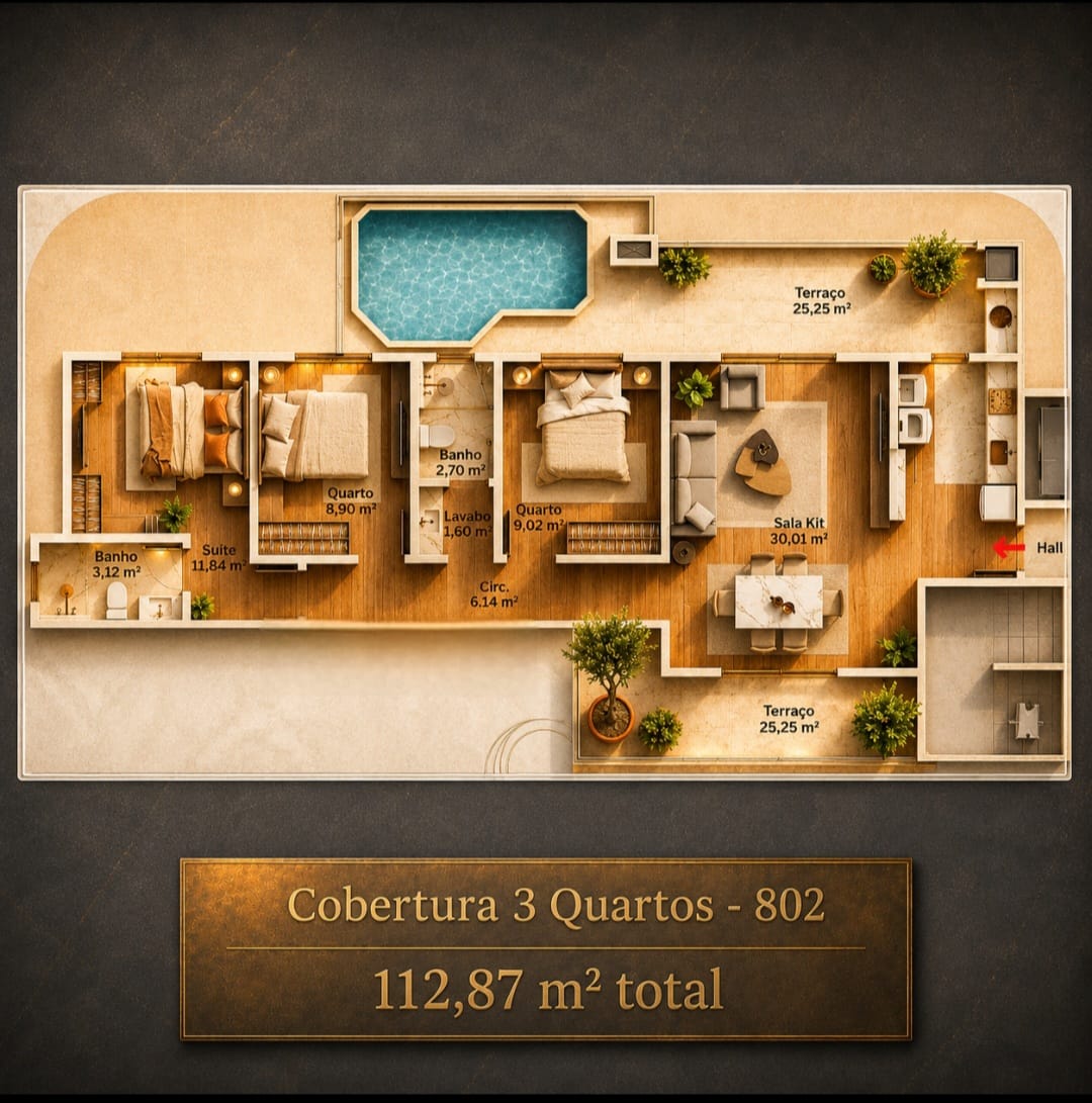 Planta humanizada da cobertura no oitavo andar, com 3 dormitórios, sendo uma suíte, piscina privativa e amplo terraço na Carvoeira, Florianópolis.