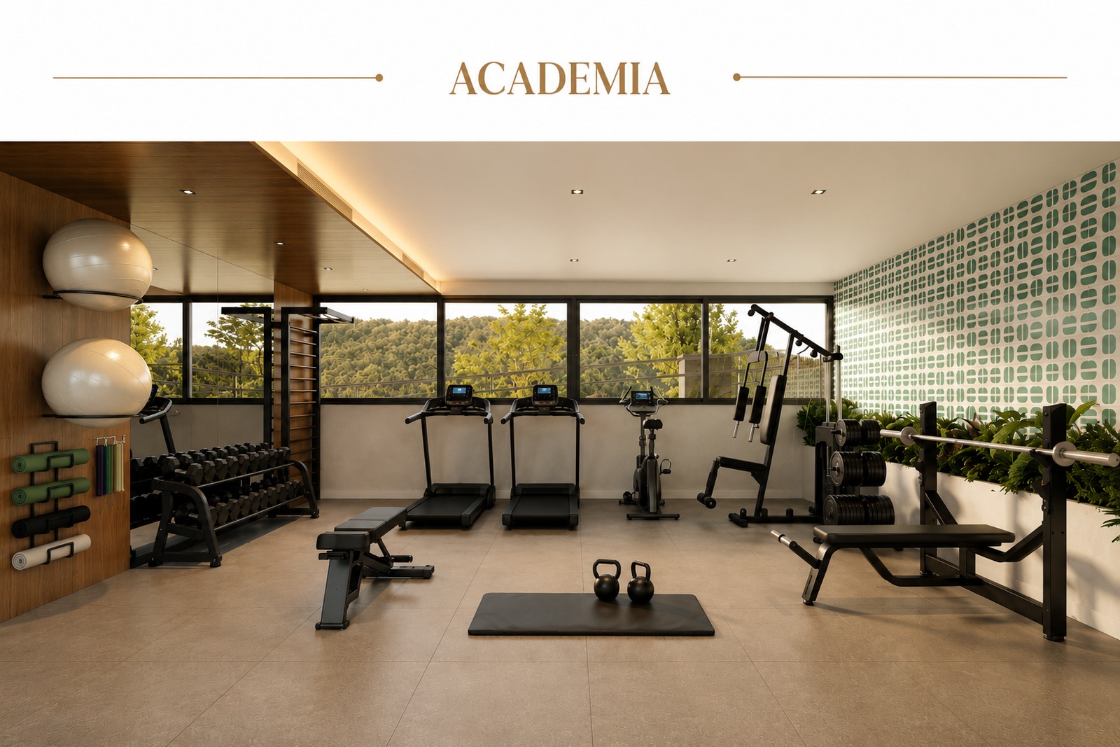 Academia completa em condomínio alto padrão na Trindade, Florianópolis, com equipamentos para musculação e exercícios aeróbicos.