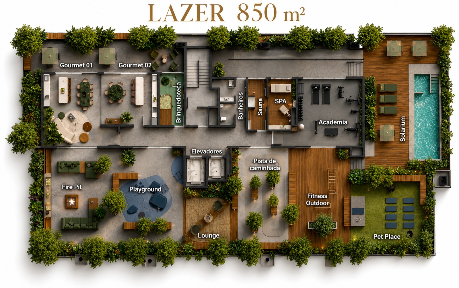 Área de lazer de 850 m² na Trindade, Florianópolis, com piscina, academia, espaços gourmet, SPA e áreas ao ar livre.
