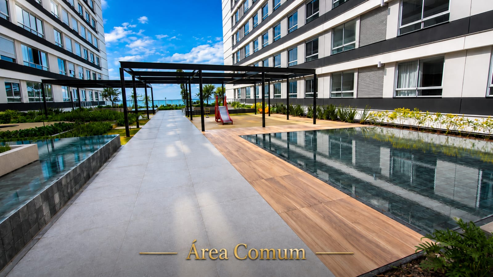 Área comum com paisagismo, espelhos d’água e espaços de convivência no condomínio Costa Azul do Jardim Atlântico, Florianópolis.