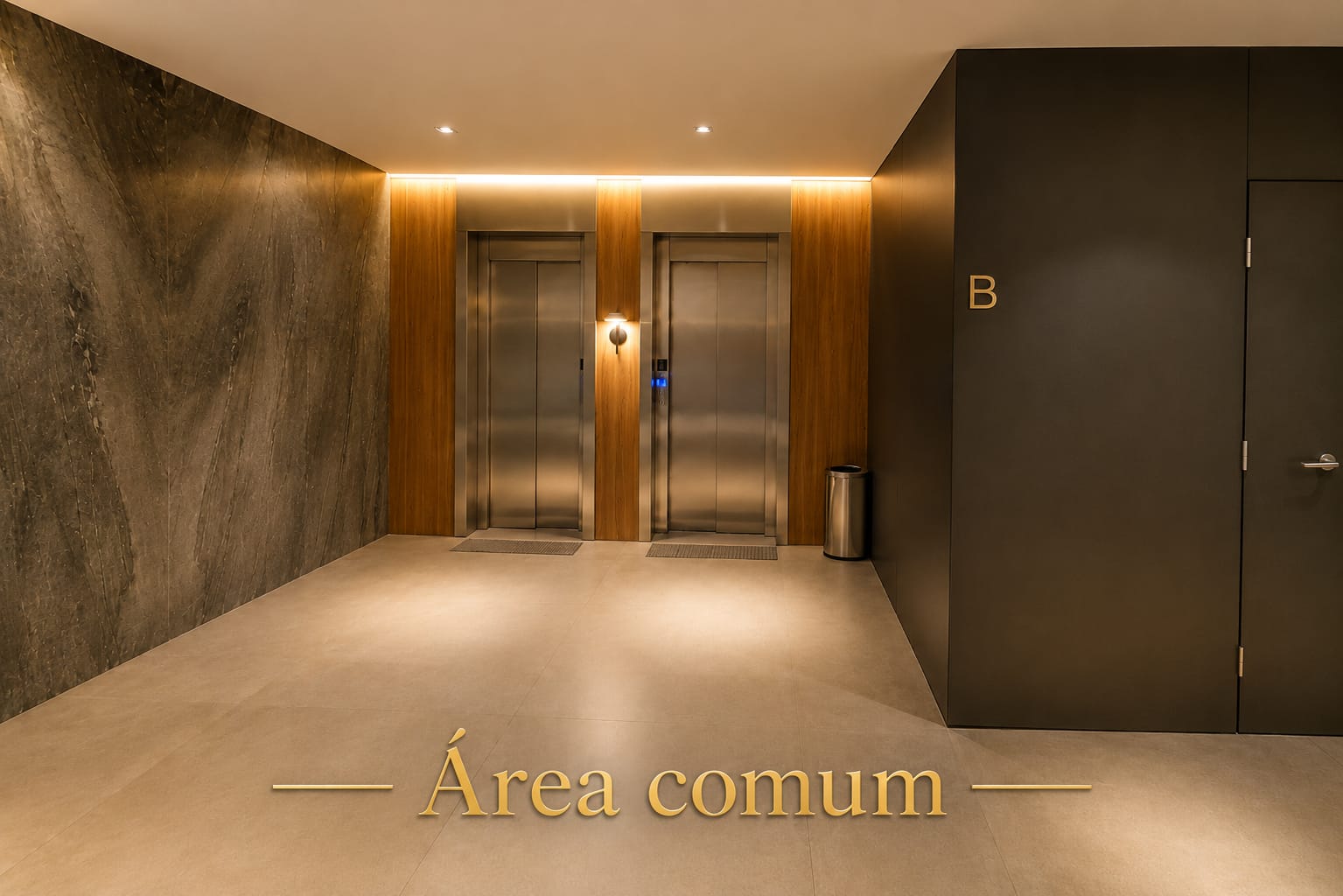 Hall dos elevadores com revestimentos nobres, acabamento em madeira e iluminação indireta no Jardim Atlântico, Florianópolis.