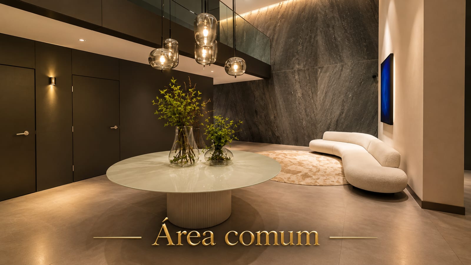 Área comum com decoração moderna, materiais nobres e iluminação sofisticada em condomínio no Jardim Atlântico, Florianópolis.