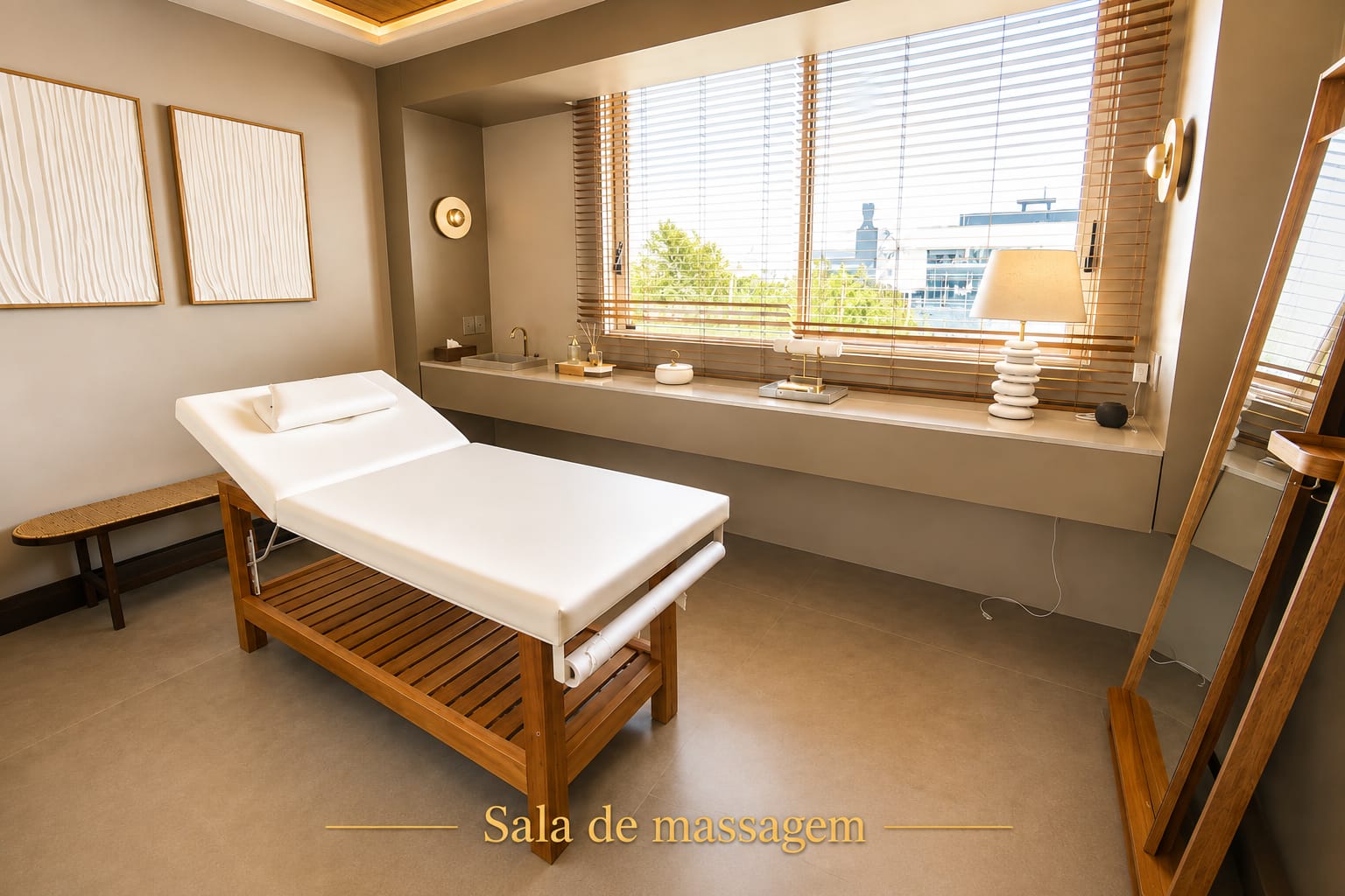 Sala de massagem, SPA do condomínio, com ambiente aconchegante e equipado, no Jardim Atlântico, Florianópolis.