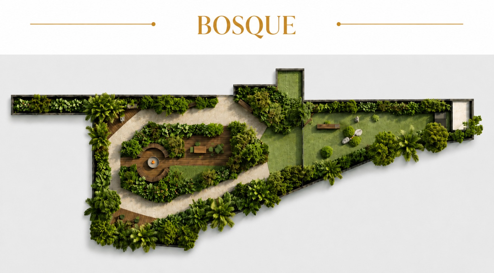 Amplo Bosque privativo em condomínio na Trindade, Florianópolis, com paisagismo, caminhos e áreas de convivência.