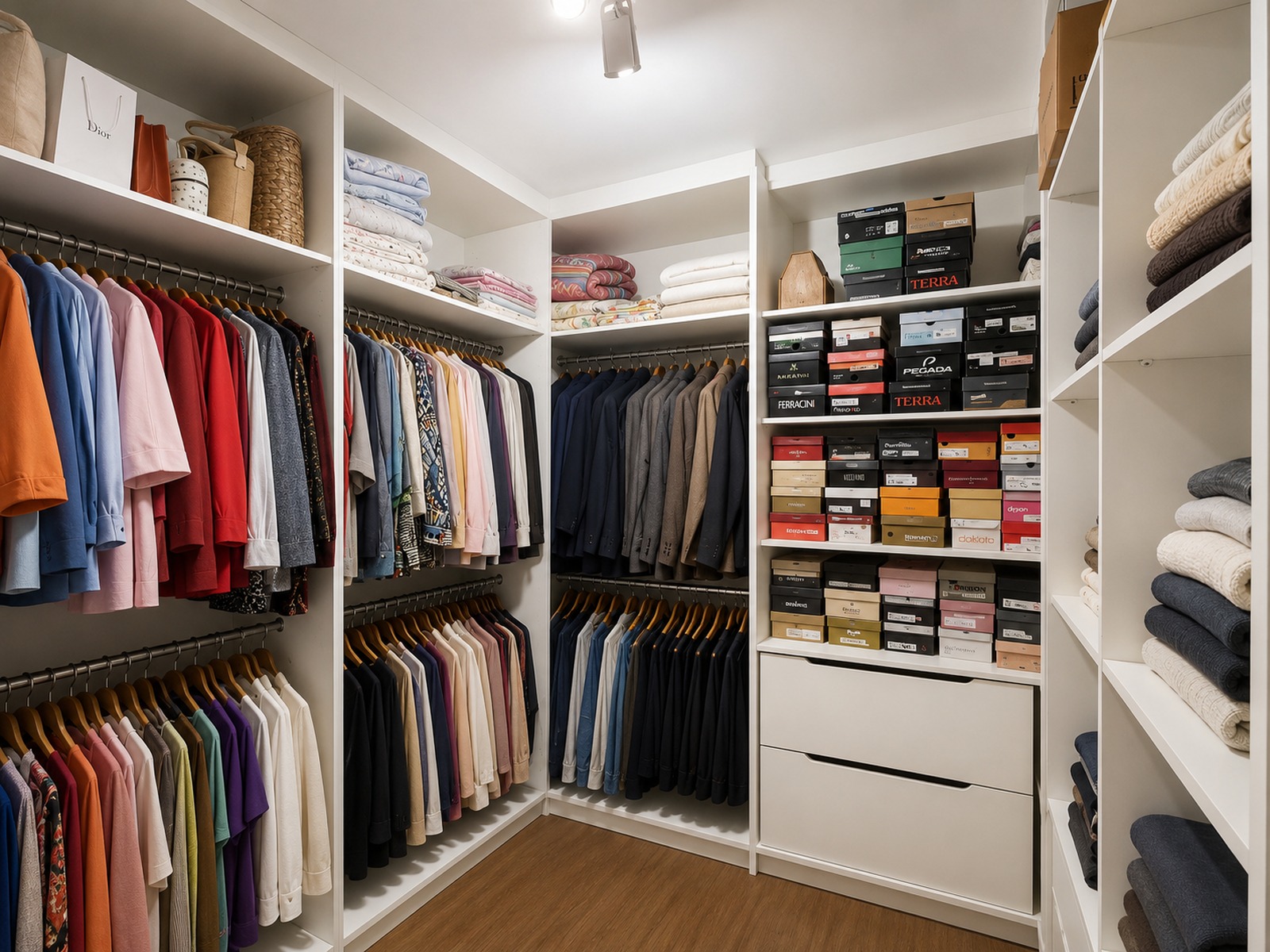 Closet da suíte master com marcenaria planejada, cabideiros, gavetas e nichos para organização de roupas e acessórios.