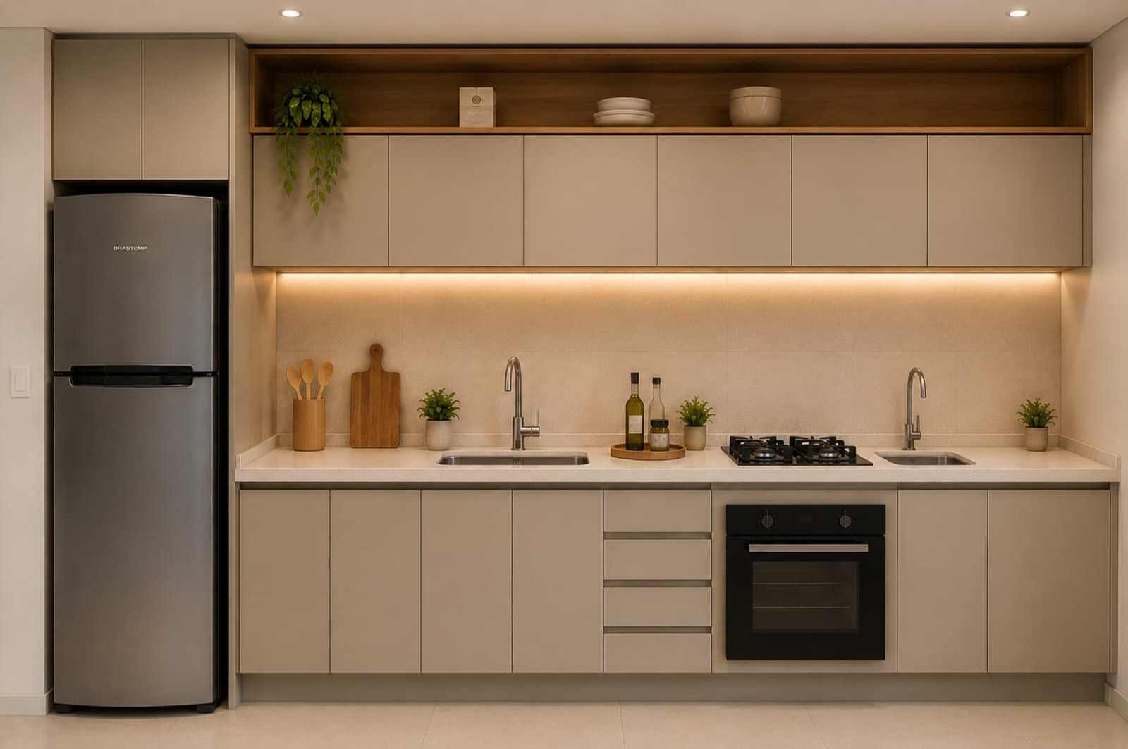 Cozinha planejada com bancada de granito e eletrodomésticos embutidos.