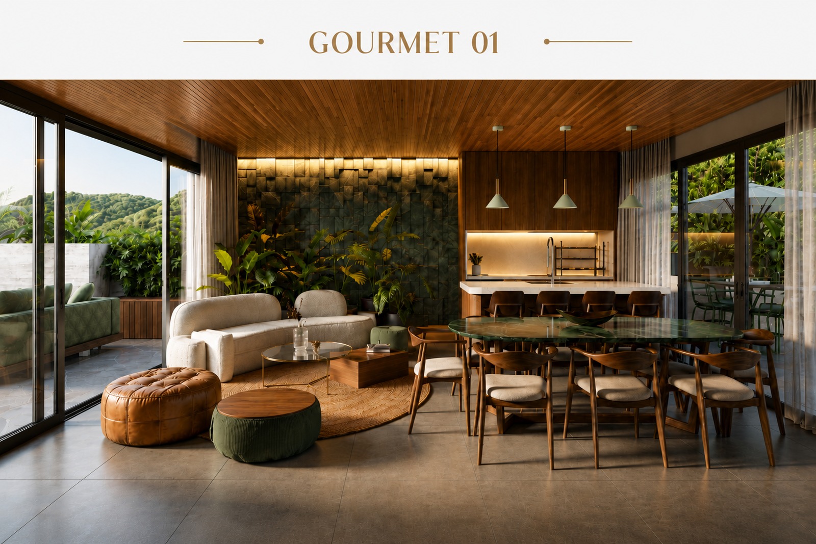 Primeiro Espaço gourmet em condomínio moderno na Trindade, Florianópolis, com cozinha equipada, mesa ampla e ambientes de convivência.
