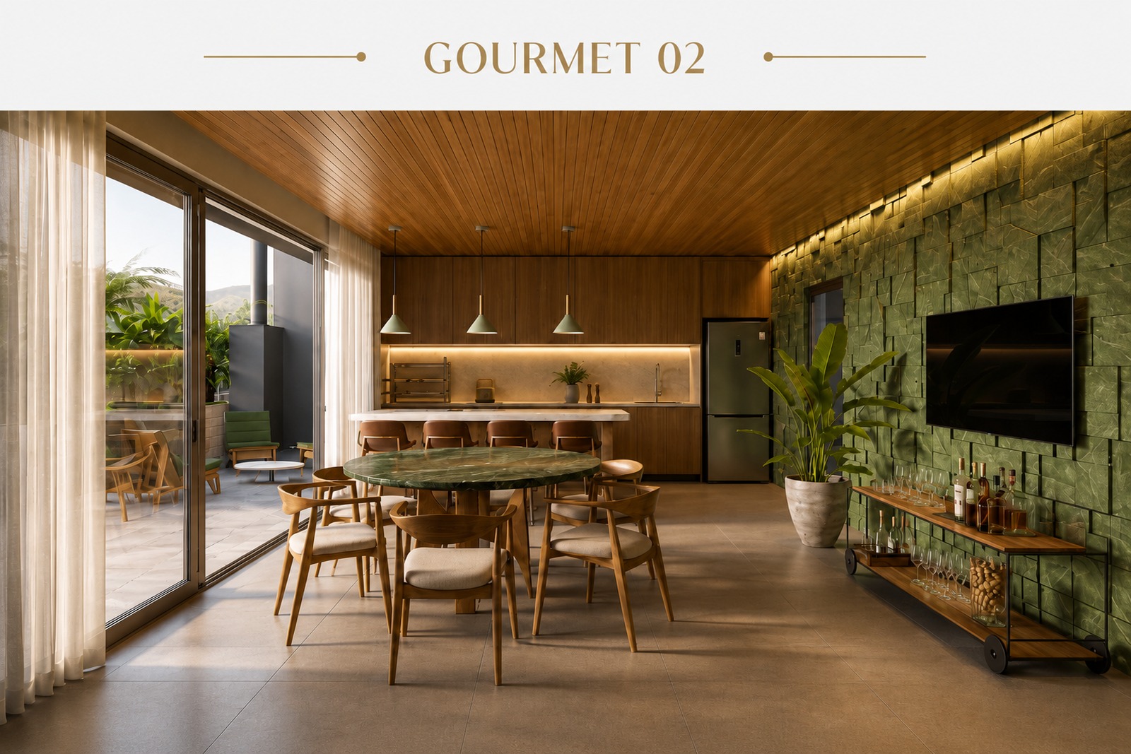 Segundo Espaço gourmet com cozinha e área de refeições em condomínio na Trindade, Florianópolis, integrado ao ambiente externo.