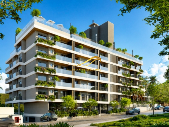 Fachada contemporânea de empreendimento na Trindade, Volumes puros e limpos. Florianópolis, com amplas sacadas, vidro e paisagismo integrado.