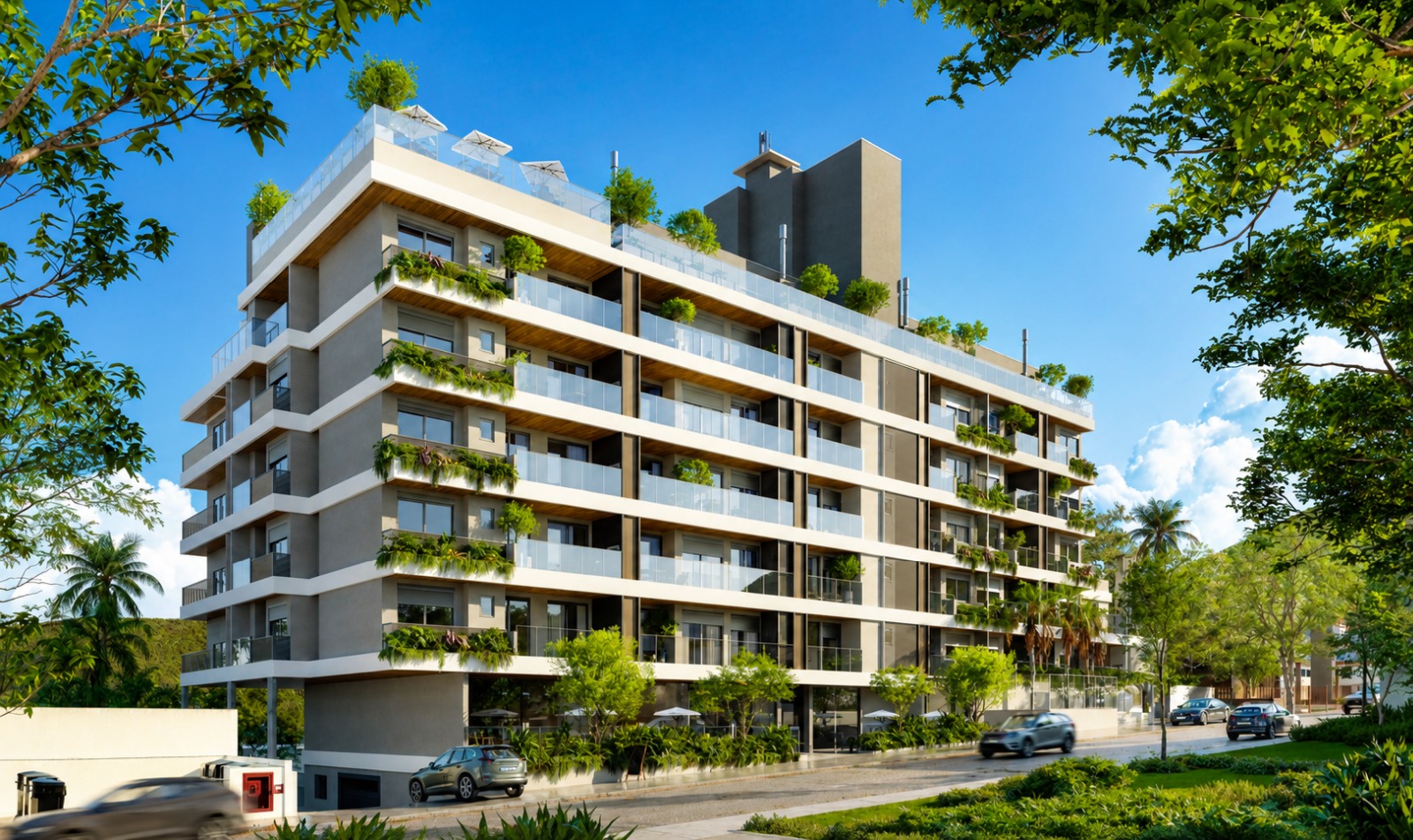 Fachada contemporânea de empreendimento na Trindade, Volumes puros e limpos. Florianópolis, com amplas sacadas, vidro e paisagismo integrado.