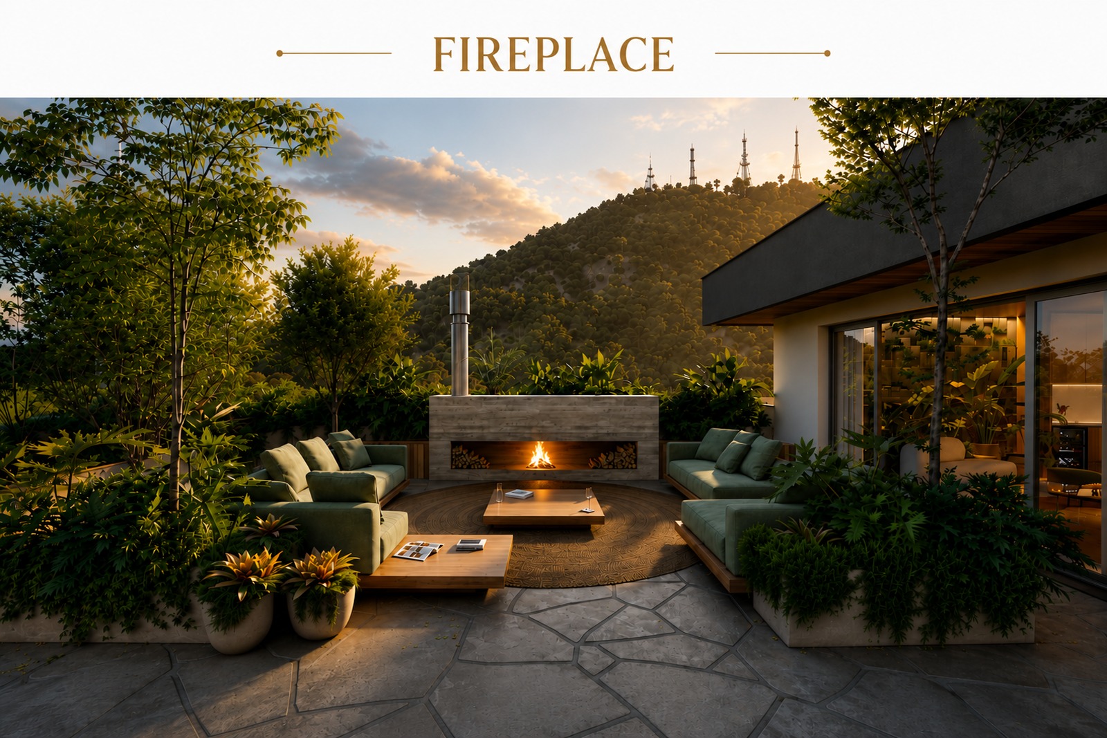 Fireplace ao ar livre em condomínio na Trindade, cercado por paisagismo e espaços de convivência. Vista para o morro.