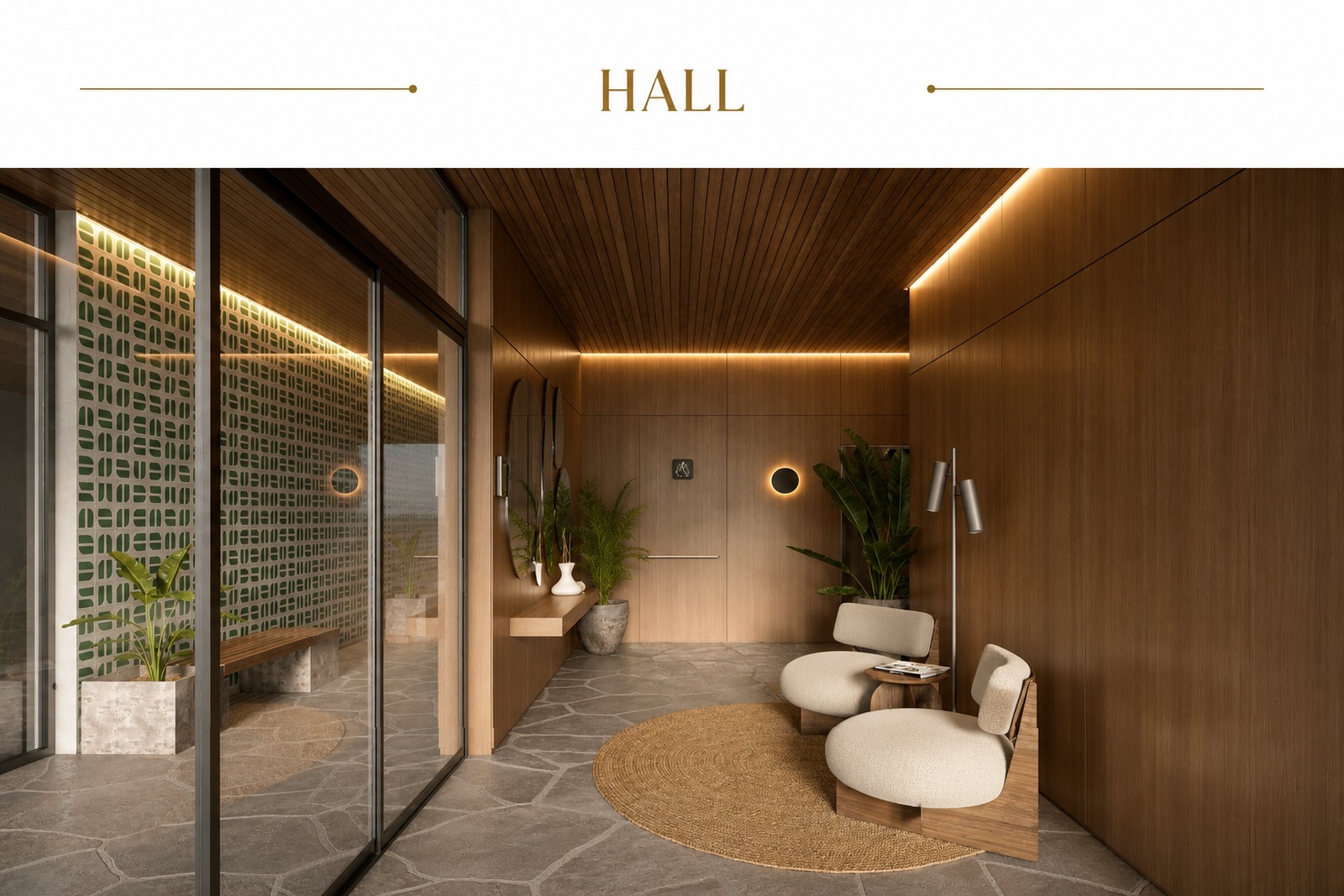 Hall social de condomínio na Trindade, Florianópolis, com madeira, iluminação indireta, paisagismo e design contemporâneo.