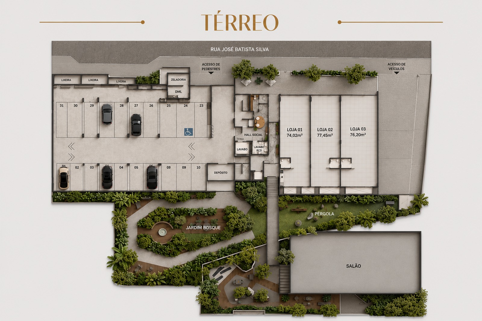 Planta do segundo subsolo de empreendimento na Trindade, com vagas de garagem e integração ao bosque privativo.