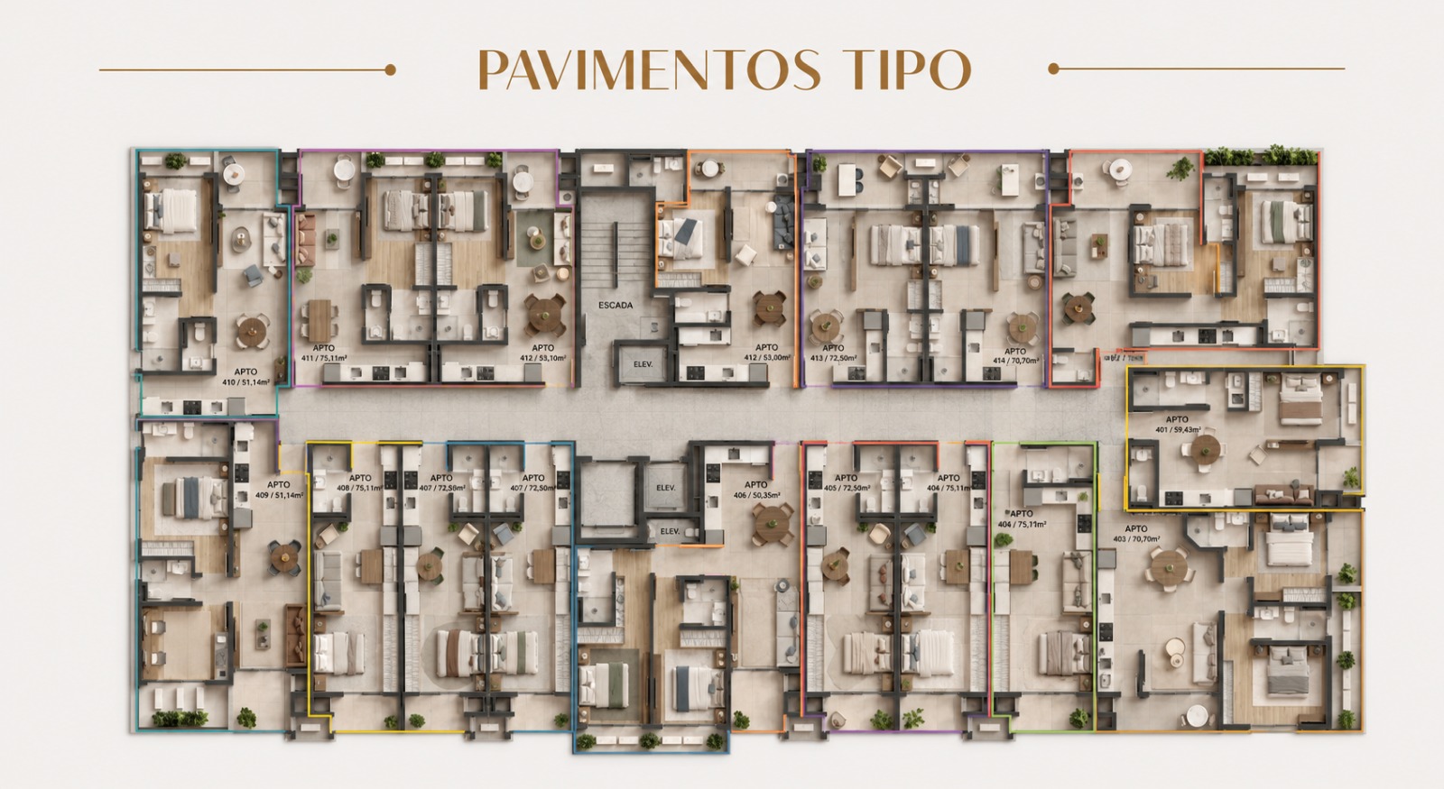Planta do pavimento tipo de empreendimento alto padrão na Trindade, com diferentes configurações de apartamentos. Ideal para famílias e idosos sozinhos.