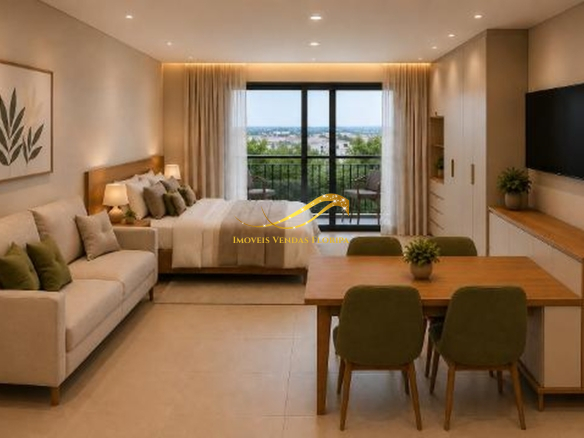 Studio moderno com dormitório, sala de estar e jantar integrados e ampla abertura para a sacada em Florianópolis
