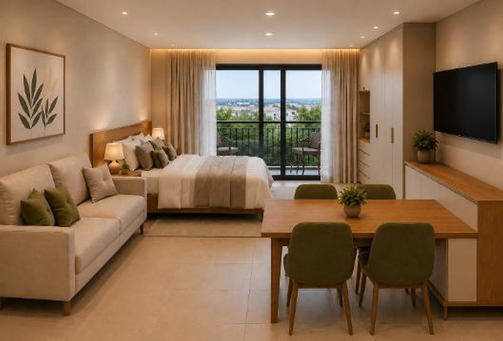 Studio moderno com dormitório, sala de estar e jantar integrados e ampla abertura para a sacada em Florianópolis