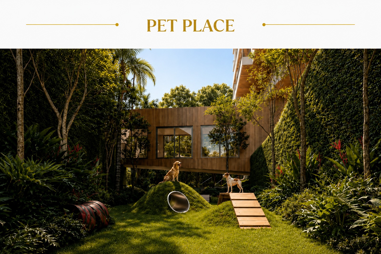 Pet place em condomínio na Trindade, Florianópolis, com área verde, paisagismo e espaço planejado para os animais.