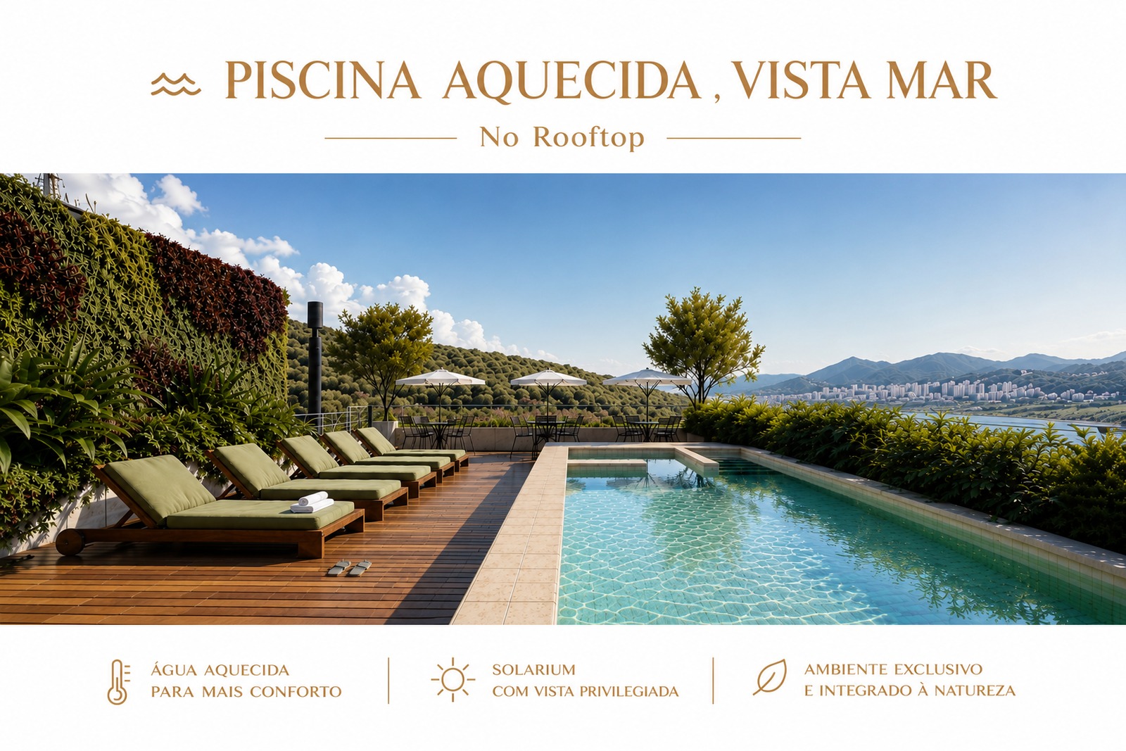 Piscina aquecida no rooftop de empreendimento na Trindade, Florianópolis, com solarium, paisagismo e vista para o mar.