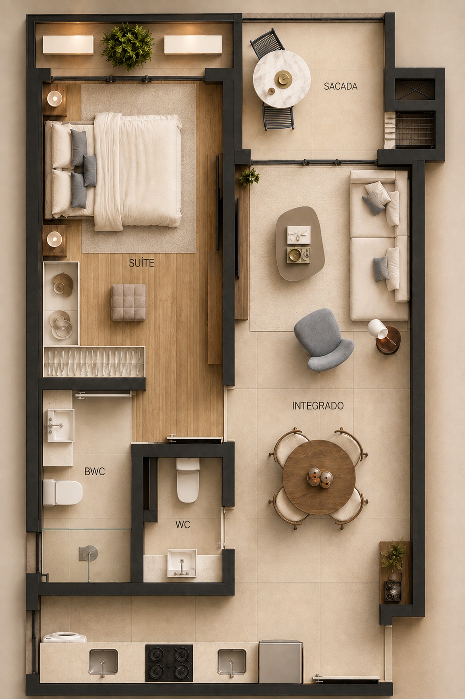 Planta baixa do apartamento de 1 suíte, lavabo, sala com sacada e cozinha integrada, Florianópolis