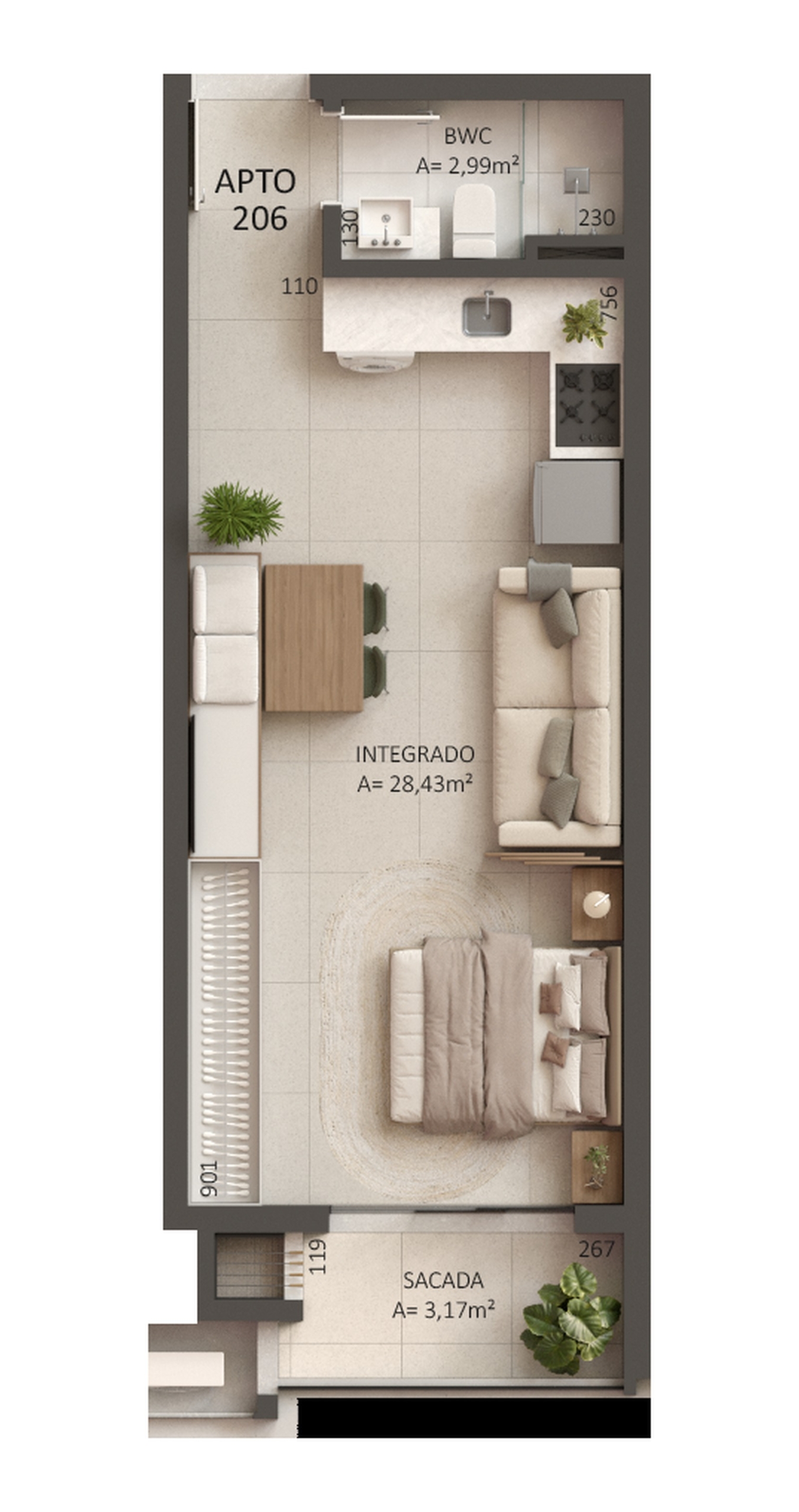 Planta humanizada de studio com ambientes integrados, banheiro e sacada em empreendimento na Trindade