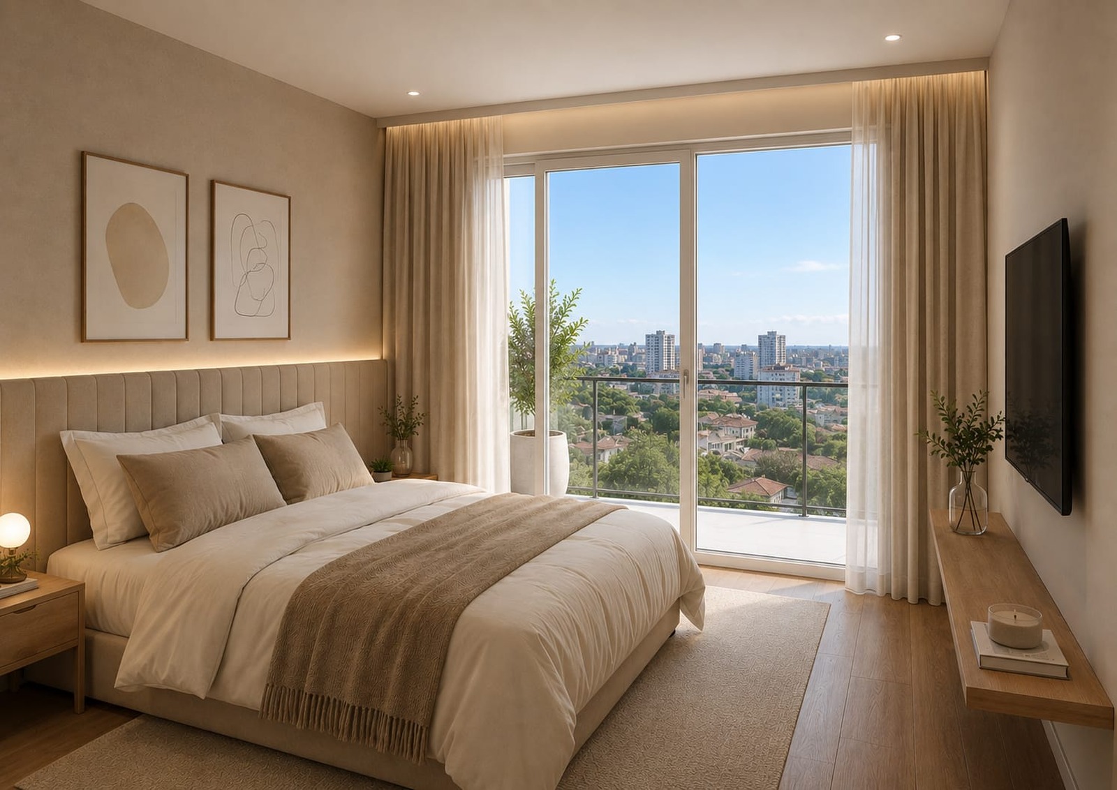 Quarto amplo com sacada e vista panorâmica da cidade. Forro em gesso.