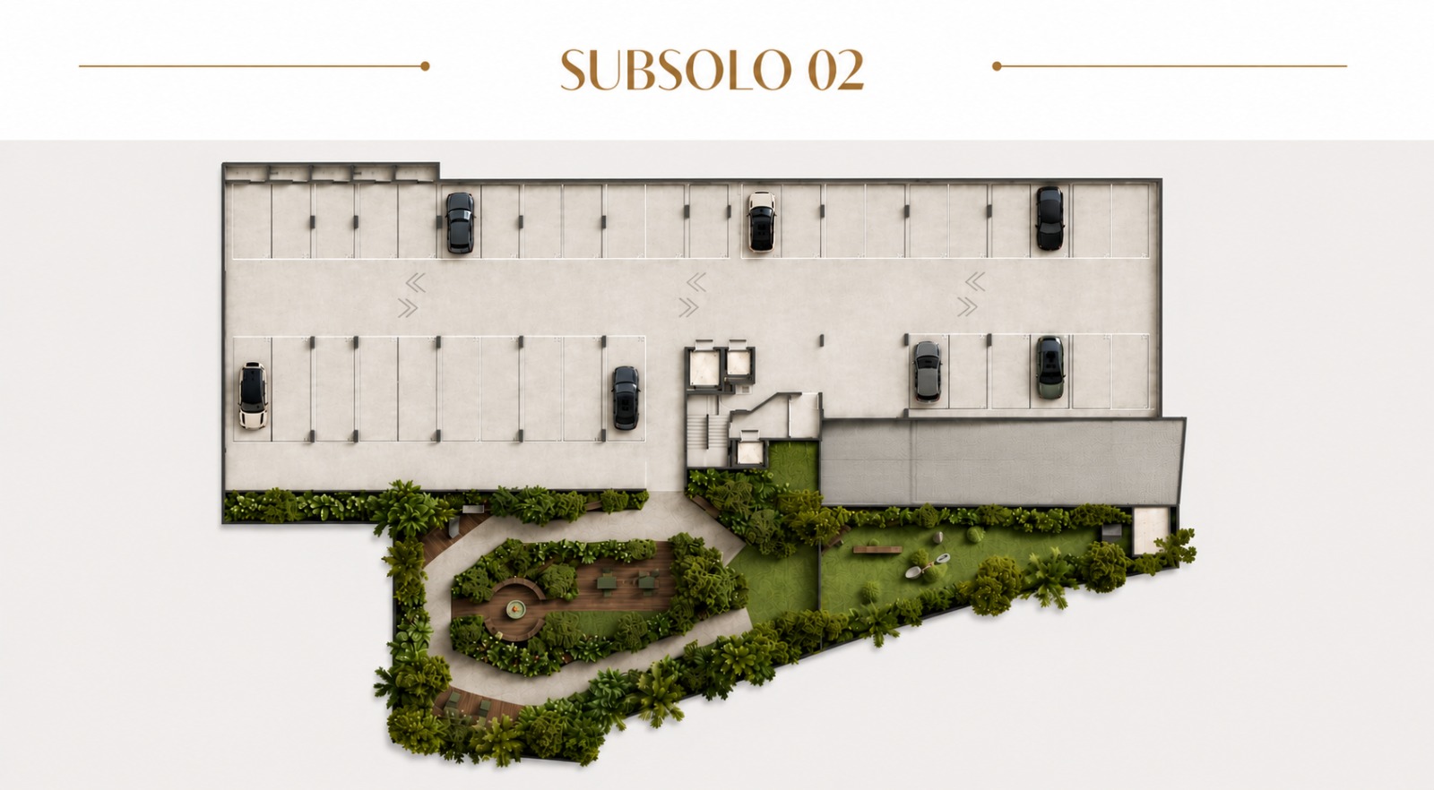 Planta do segundo subsolo do empreendimento na Trindade, com vagas de garagem e integração ao bosque privativo.