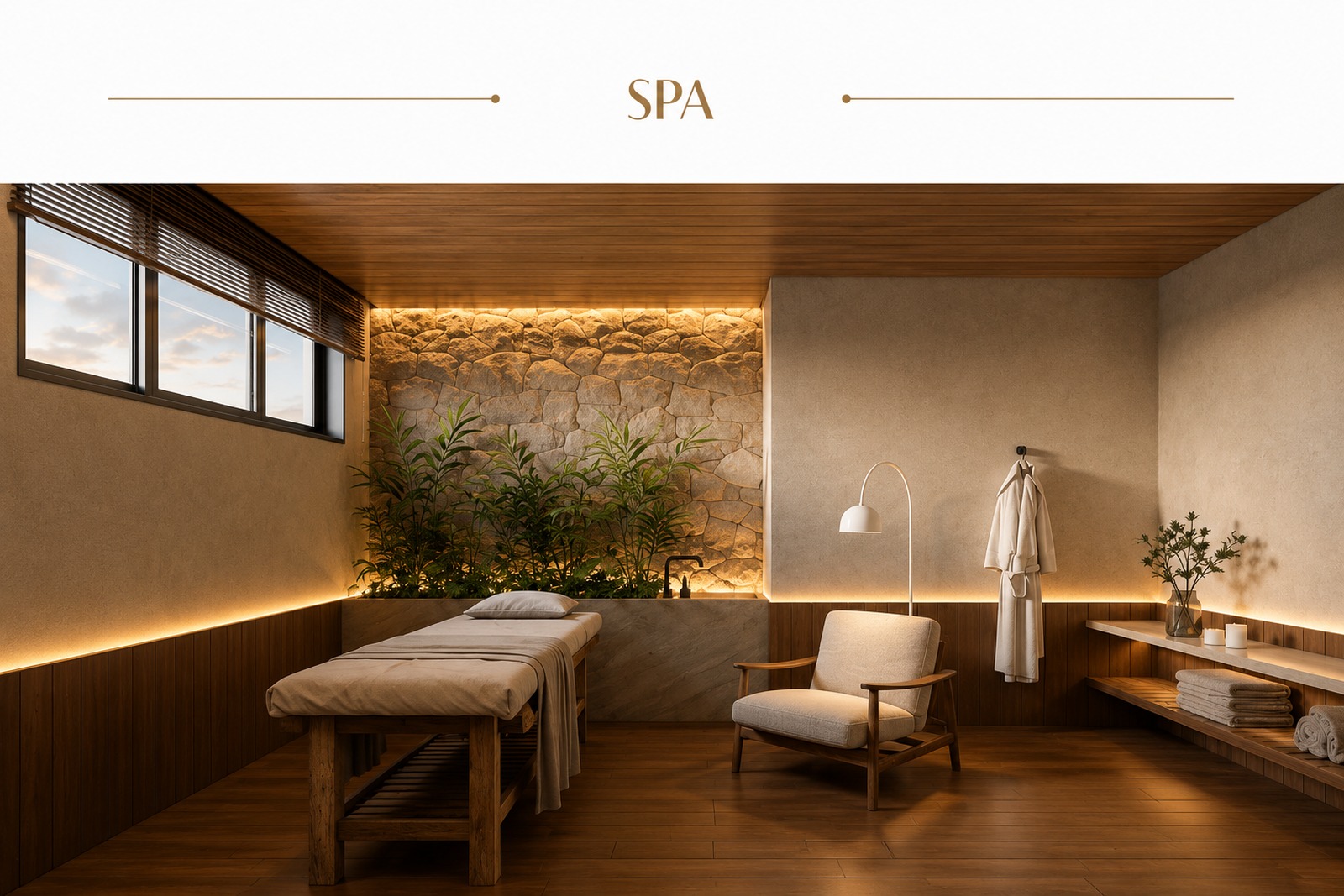 Spa do condomínio na Trindade, com ambiente acolhedor, espaço moderno para massagem e iluminação indireta.