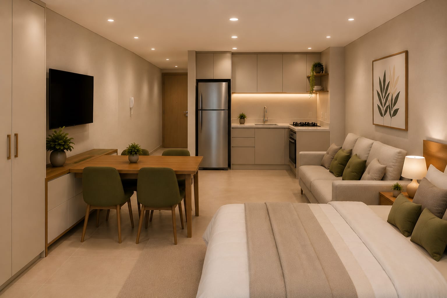 Interior de studio com cozinha planejada integrada à sala de estar, jantar e dormitório na Trindade